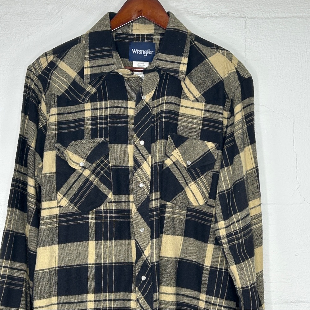 Men’s Wrangler Pearl Snap Shirt Flannel Plaid Large Western Tan Black Cowboy
